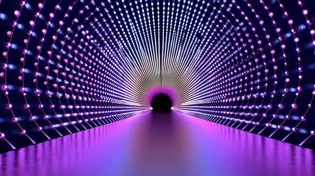 Glowing Dot Tunnel Infinite Loop. High-resolution 4K still frame from a centered, first-person perspective inside a long tunnel constructed of countless vibrant purple and pink glowing dots. 