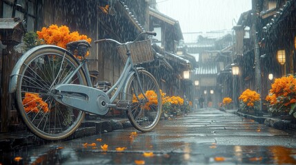 Rainy Day in Japan: A Serene Cycling Scene