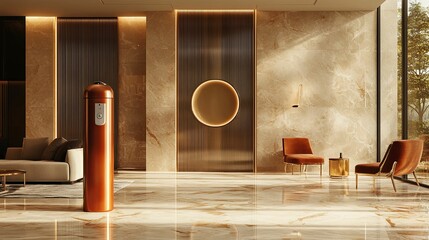 Modern copper tank in a luxurious interior scene.