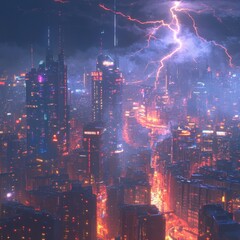 Obraz premium Night cityscape illuminated by lightning storm.