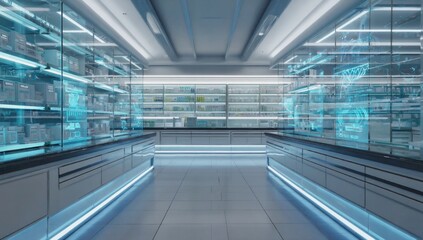 Obraz premium A futuristic pharmacy or laboratory with sleek glass shelves stocked with medical supplies, digital holographic displays. The high-tech design and blue lighting, a modern, advanced healthcare setting.