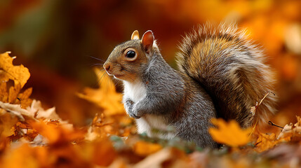 Squirrel in Autumn Leaves A Close-Up of a Gray Squirrel Amidst Vibrant Fall Foliage
