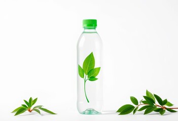 Eco-friendly water bottle, green leaf design, white background, friendly, background