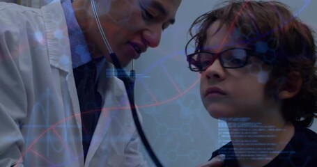 Male doctor listening boy chest in medical examination, displaying animated heart icon and chart