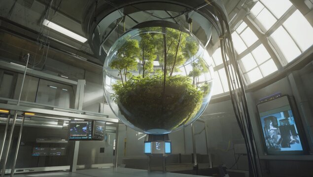 Miniature forest ecosystem inside a suspended glass sphere in a high tech laboratory symbolizing the future of environmental science, sustainability, green technology, balance between nature, science.