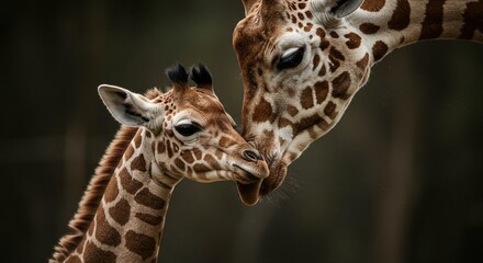 Fototapeta premium A tender moment between a mother giraffe and her calf, showing affection and love.