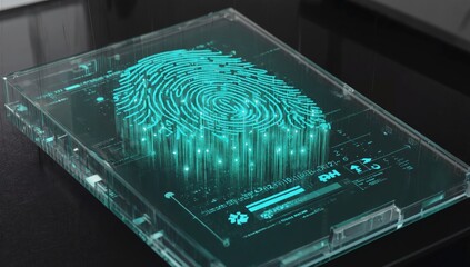3d holographic fingerprint projection, transparent digital device representing biometric security system, identity verification, smart access technology, futuristic personal data protection interface.