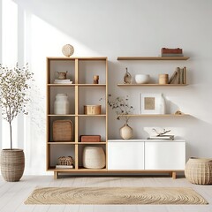  Interior of light living room with wooden commode and shelves 