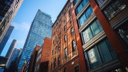 A business district featuring towering buildings with a mix of modern glass and vintage brickwork.