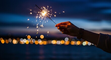 Hand holding a sparkler against a twilight sky with blurred lights in the distance.
