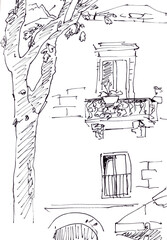 matera, italy, travel sketch, graphic black and white drawing