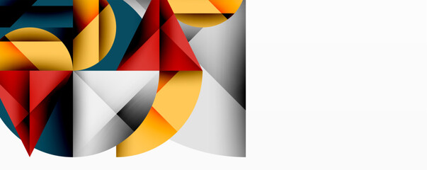 Abstract geometric composition. Shapes overlap, creating dynamic visual effect. Colors include red, yellow, gray, teal. Modern design.