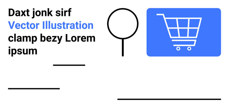 Shopping cart graphic in blue rectangle, magnifying glass, minimalist text for modern e-commerce, online shopping, retail marketing, product search, payment design, customer journey, simple landing - Powered by Adobe