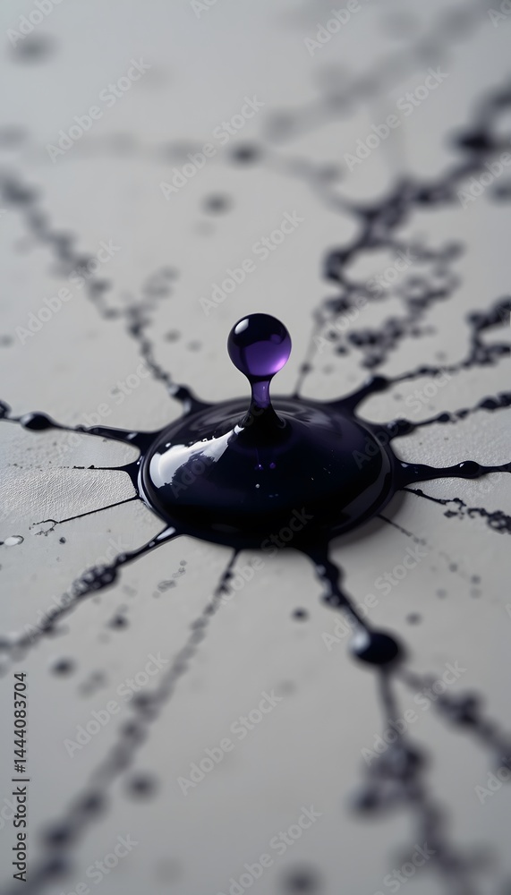 Poster Ink Drop Expanding On Paper's Surface A Close Up View, Revealing Intricate Capillary Action. Liquid Spreading Creates Delicate Patterns. Scientific Phenomenon Demonstrated.