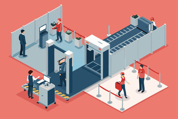 Create an isometric illustration of an airport security checkpoint, showing passengers, security personnel, and scanning equipment.  Include detailed elements and a clean, modern aesthetic.