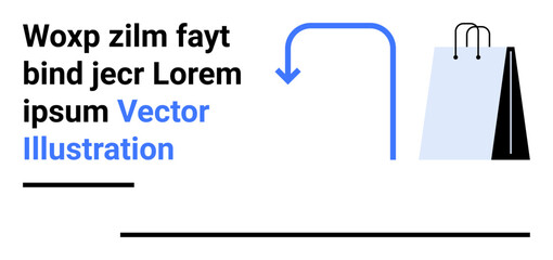 Shopping bag with black handles, bold arrow indicating action, and placeholder text for design. Ideal for e-commerce, promotions, retail, navigation, digital transactions, marketing simple landing