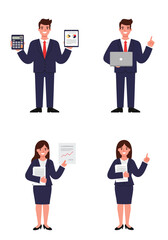 Simple flat design of four accountant characters standing on a white background, colorful, clean, professional, organized.