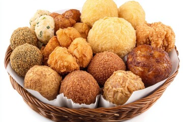 A vibrant assortment of fried snacks in a woven basket, showcasing diverse textures and flavors