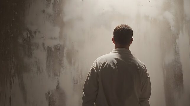 Man Standing with Back to Camera in a Foggy or Smoky Environment - Powered by Adobe