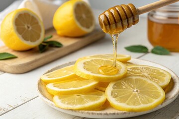Honey pouring over sliced lemons with warm lighting for culinary enjoyment - generated by ai
