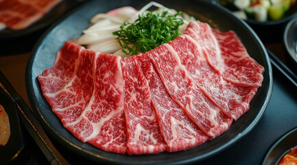 Exquisite thinly sliced wagyu beef arrangement with garnishes on a dark plate