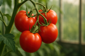 Lush red tomatoes ripening on vine in greenhouse environment