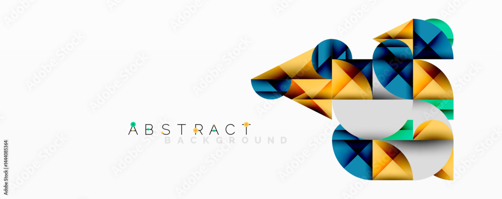 Poster geometric shapes create abstract design. blue, gold, white colors dominate composition. modern style