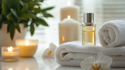 A calming spa scene with a skincare bottle next to scented candles and soft white towels.