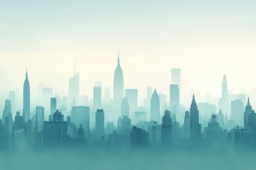 Naklejka premium New York City skyline shrouded in a hazy, pale morning mist.