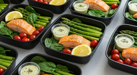 Healthy meal prep containers with salmon, asparagus, tomatoes, spinach and lemon.
