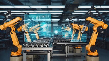 A futuristic smart factory with advanced robotic arms assembling products on an automated production line. The high-tech manufacturing environment, industrial automation, AI and precision engineering.