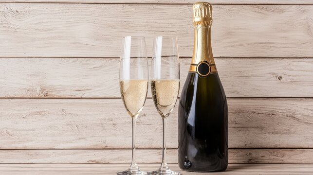 A Champagne bottle paired with a pair of sparkling crystal glasses, set on a light wooden surface with minimalistic decor. - Powered by Adobe