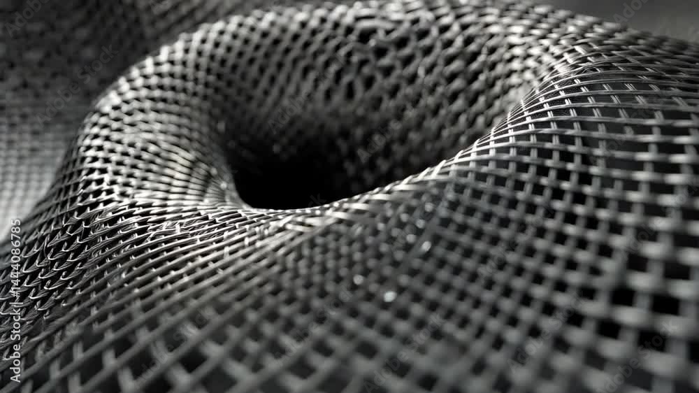 Poster close up view of intricate metallic mesh texture, showcasing three dimensional patterns and depth, e