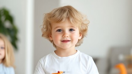 Happy toddler boy with curly blonde hair