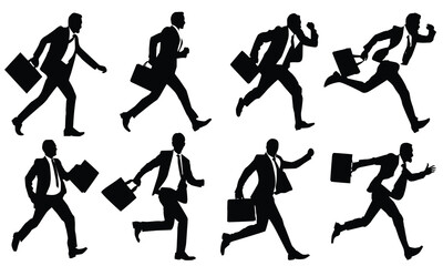Silhouette collection of a business man running with a briefcase, vector illustration on a white background.
