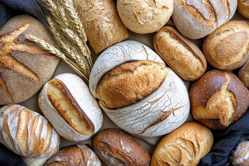 Assorted freshly baked artisanal bread loaves arranged with wheat stalks on a rustic table