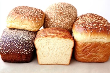 Assorted freshly baked bread loaves with sesame and oat toppings on a neutral background