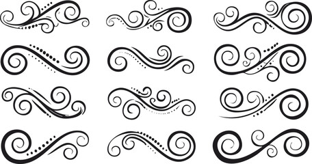 Vector Illustration of Elegant Swirls and Decorative Flourishes with Intricate Scroll Designs, Victorian Motifs, and Symmetrical Filigree Patterns, Hand Drawn Black and White Ornaments

