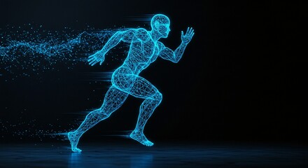 Naklejka premium Digital runner made of blue lines dashes across the screen with motion blur effects.