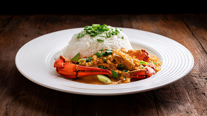 A photo of stir-fried crab with curry powder, onions, and eggs, served on a white plate with rice, garnished with spring onions, placed on a rustic wooden table, food commercial style