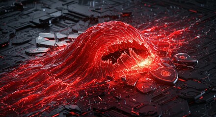 A surging wave of red energy cascades across a futuristic circuit board landscape.