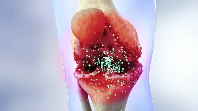 Knee recovery, drug molecules to relieve knee pain and prevent osteoarthritis. Orthopedics and orthopedic treatment of rheumatoid arthritis, 3D rendering.
