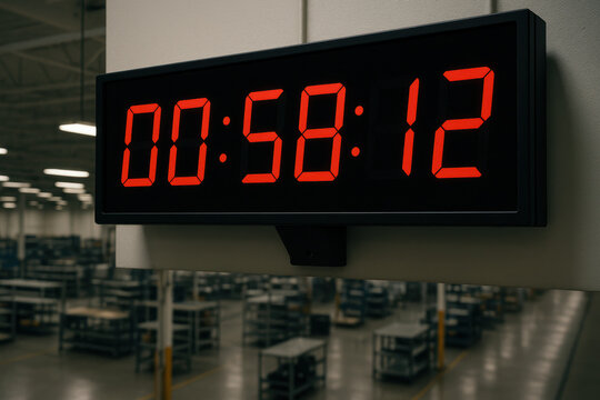 Digital countdown timer displaying 58 minutes in a warehouse setting
