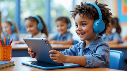 Digital Learning Journey: A young child, bright-eyed and beaming with happiness, is engrossed in an interactive learning experience on a tablet, surrounded by classmates engaged in a similar activity.