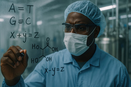 Scientist in lab analyzing chemistry equations on transparent board