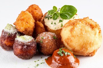 Assorted gourmet appetizers featuring crispy bites, creamy dip, and garnished sauce