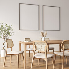 Elegant Dining Room with Framed Art and Wooden Furniture