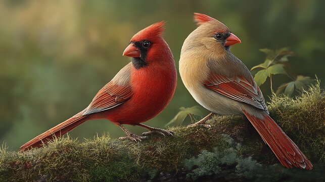 A male and female cardinal perched on a mossy branch