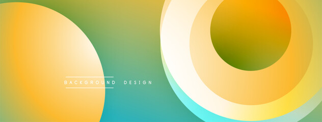 Abstract design features overlapping circles, gradients. Colors include yellow, green, teal. Modern aesthetic, simple composition.