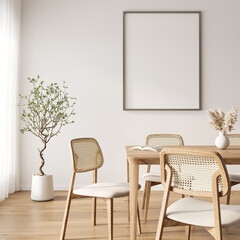 Elegant Dining Room with Framed Art, Wooden Table and Cane Chairs